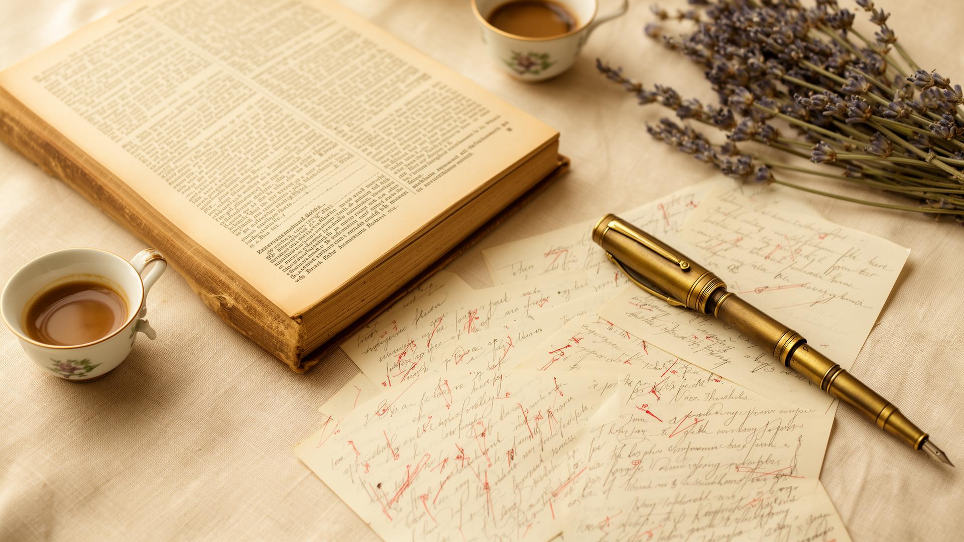 Book editing service for independent authors — manuscript, fountain pen, and coffee on a writer's desk